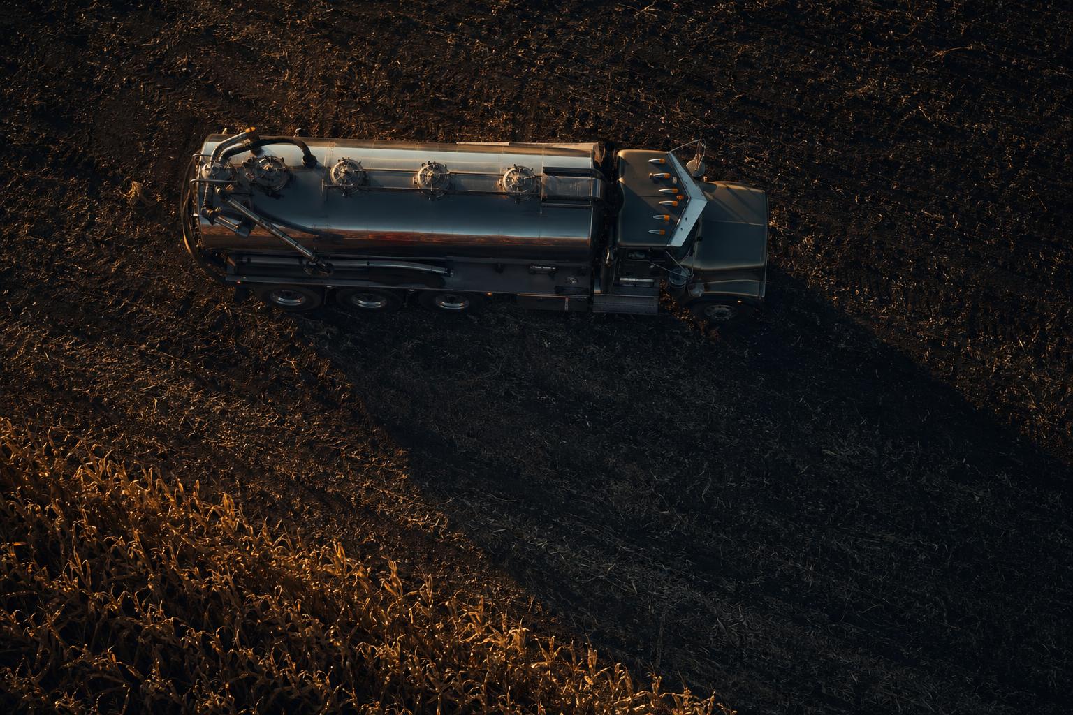 Aerial view of a Harter Custom Pumping tanker truck working a Northeast Iowa dairy farm
