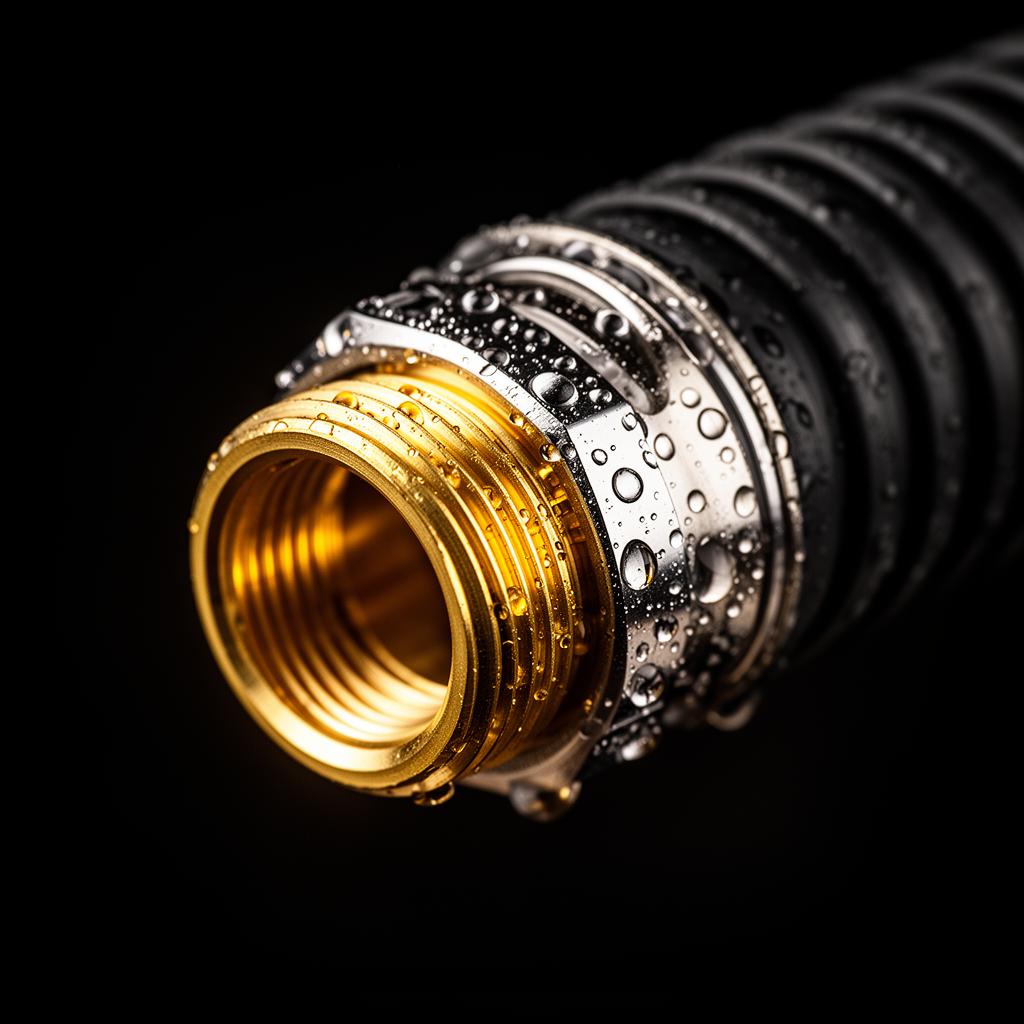 Macro of polished brass cam-lock fitting on industrial vacuum hose